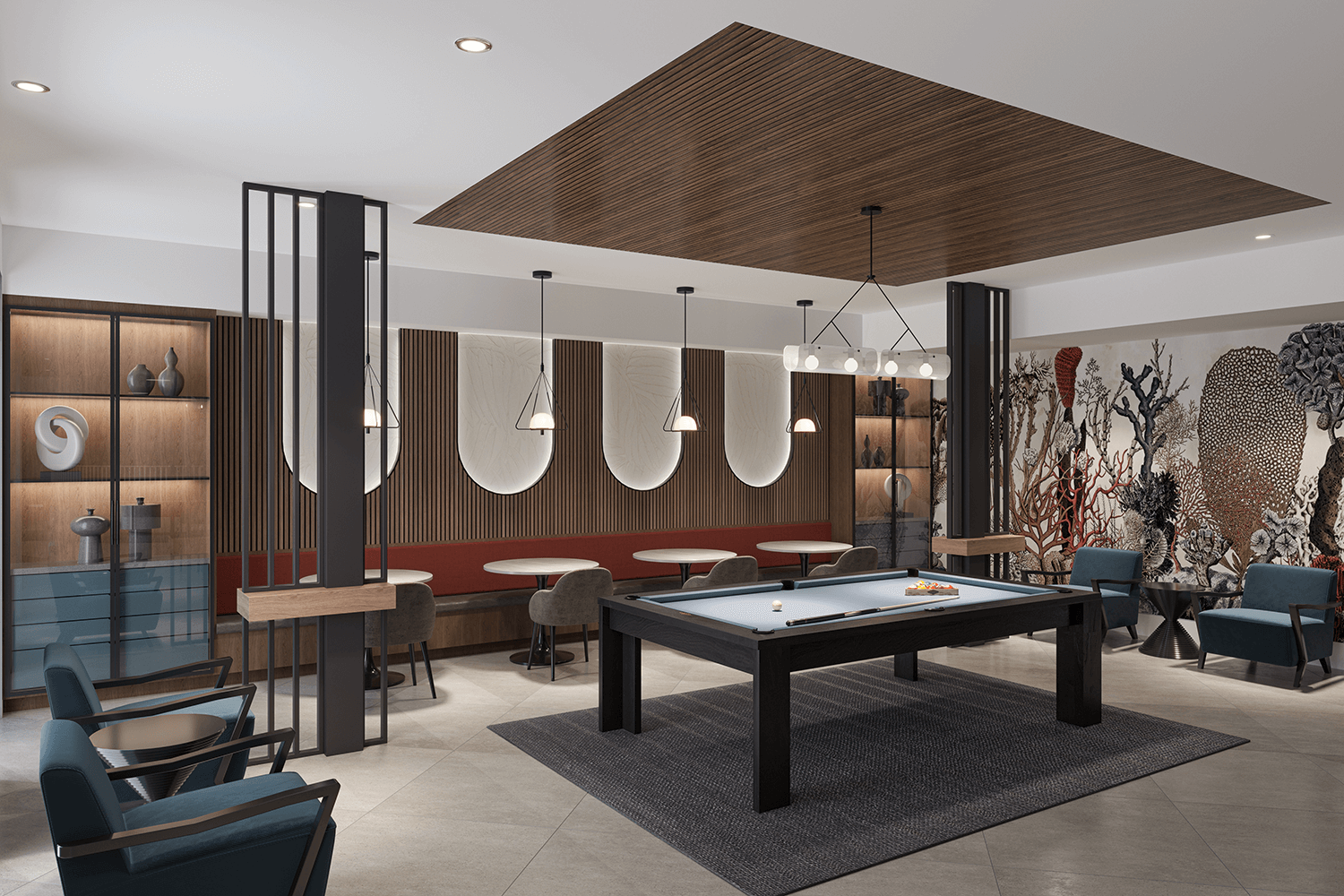 Coastal-inspired community lounge area at Upshore apartments