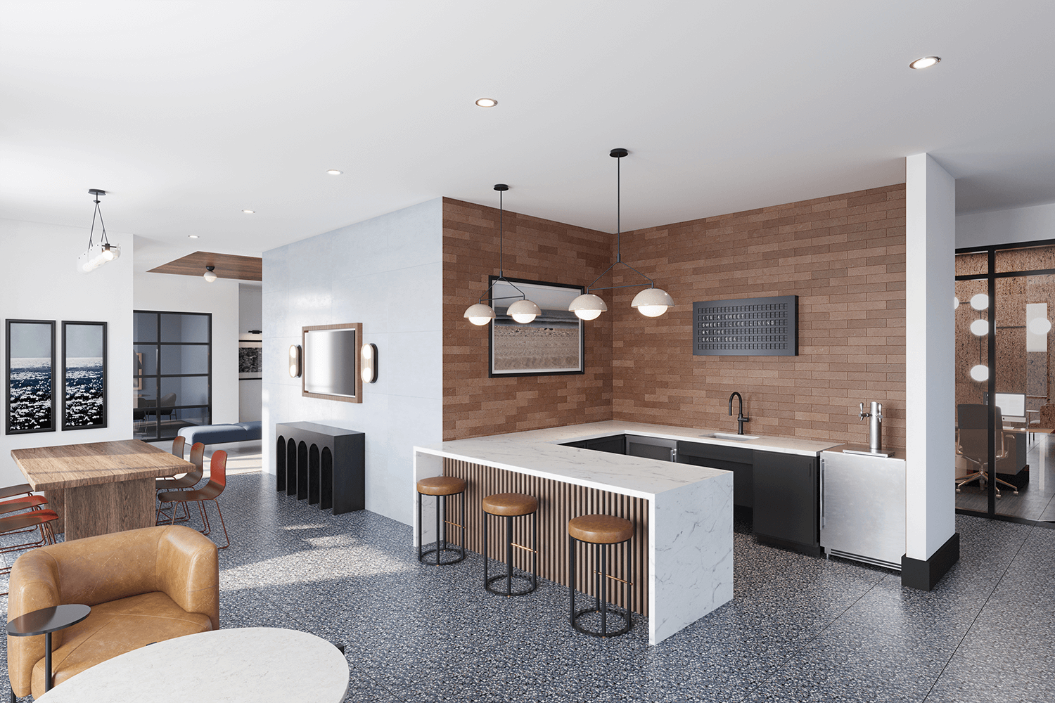 Resident lounge with co-working spaces at Upshore apartments