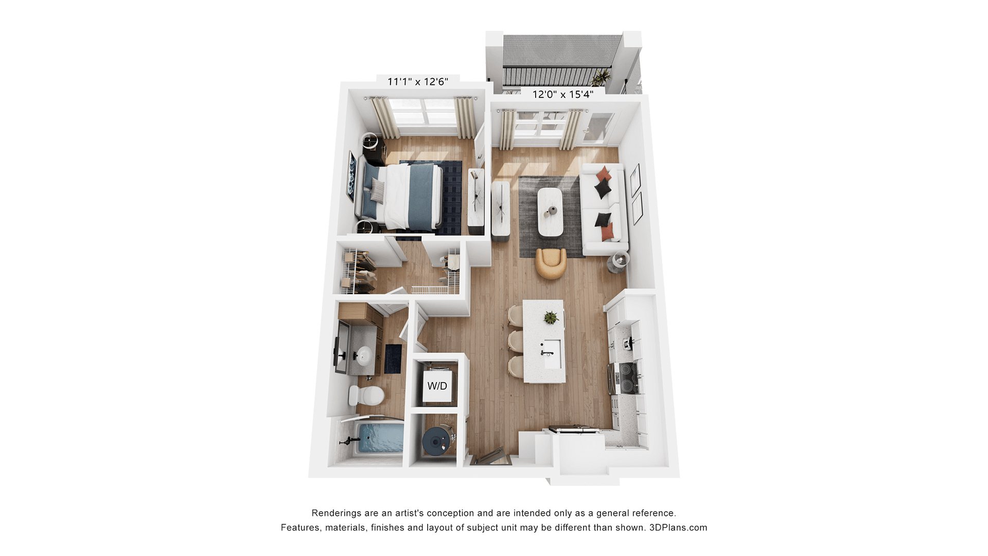 Open-concept one-bedroom apartment design
